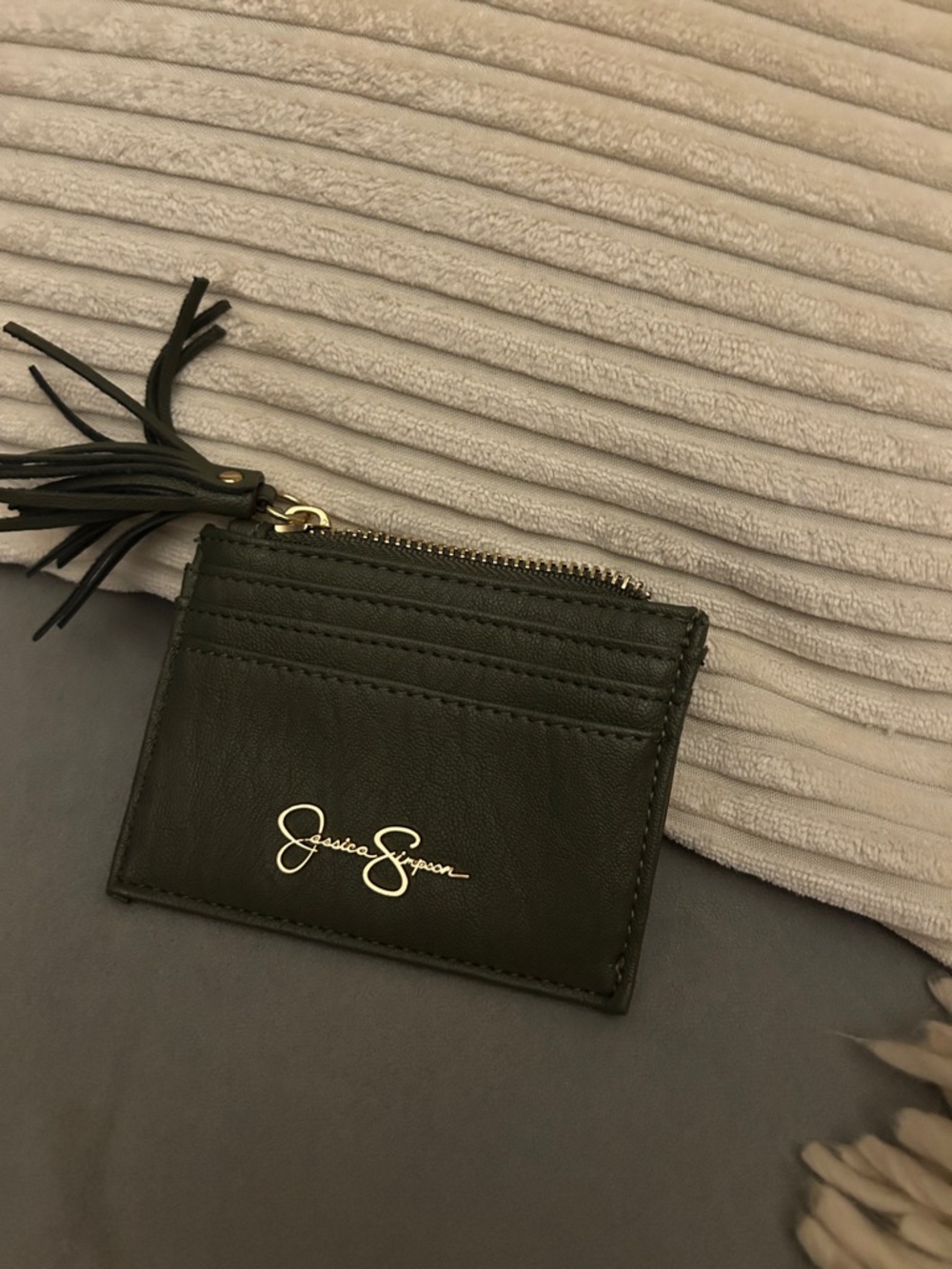 Jessica Simpson Olive Green Zip Card Case with tassle NWOT